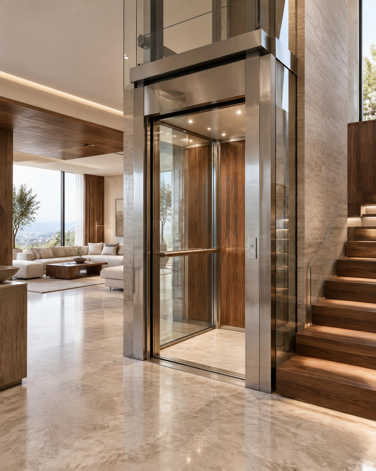 Glass home elevator in a contemporary residence